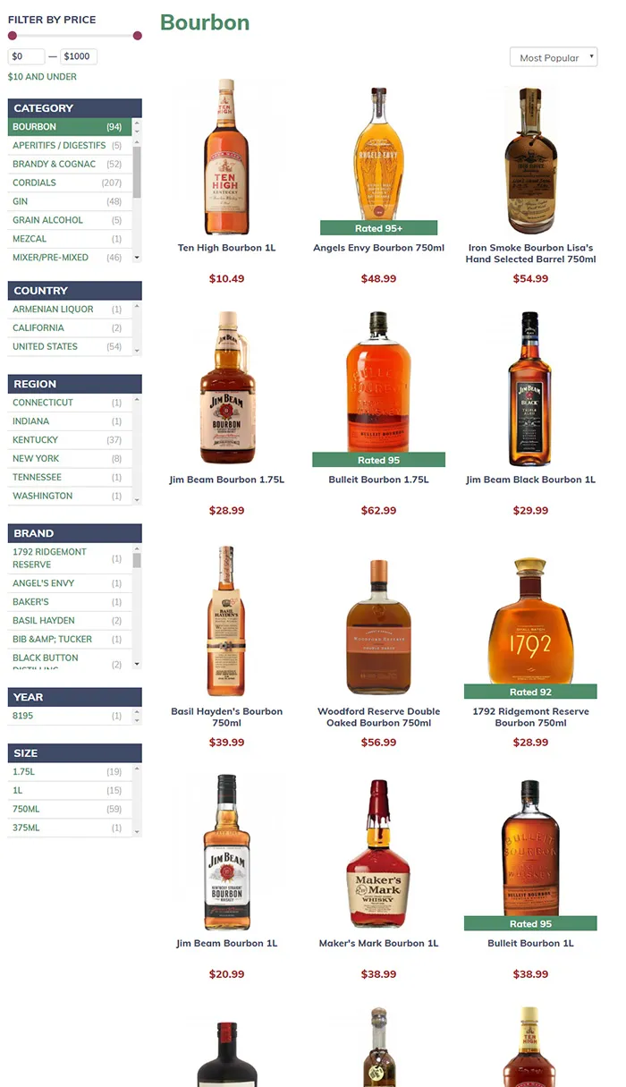 Liquor store category page with product filters and bottle listings