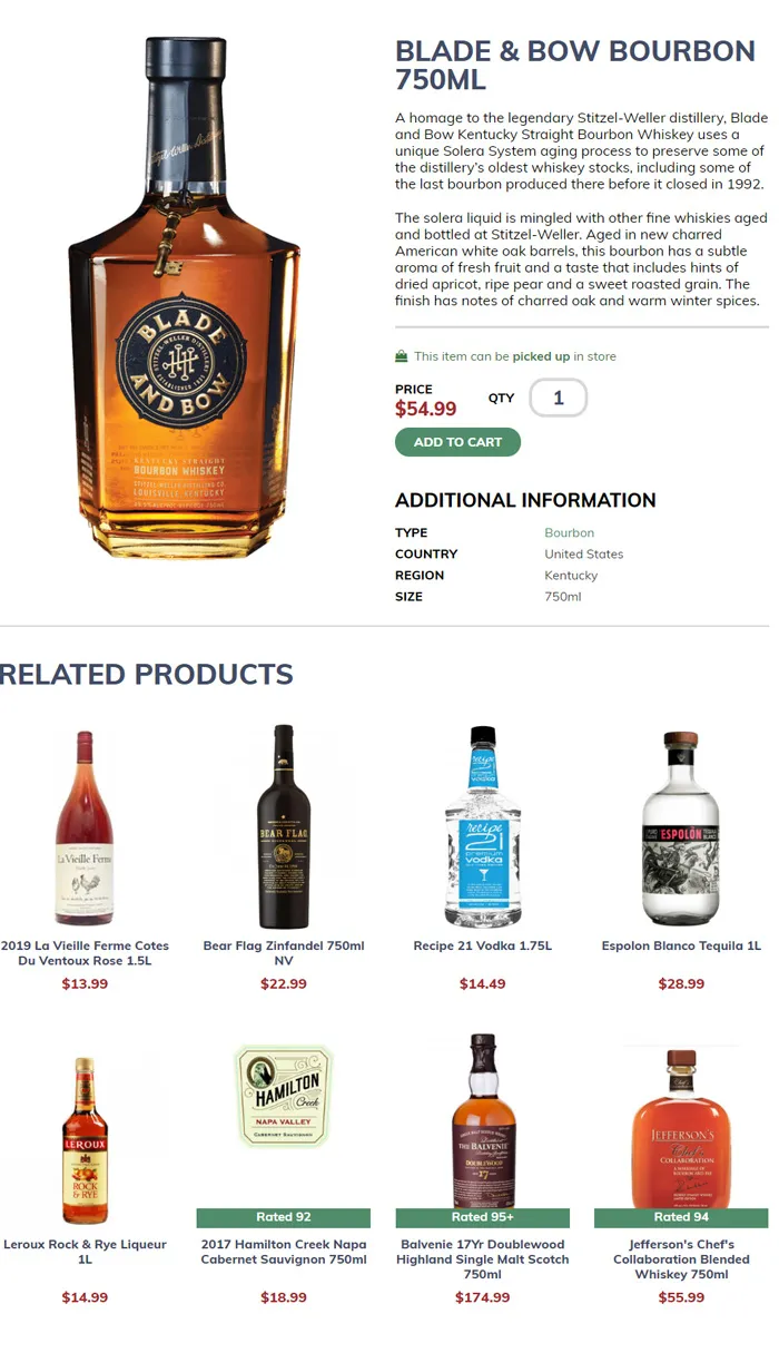 Detailed bourbon product page on a liquor store website