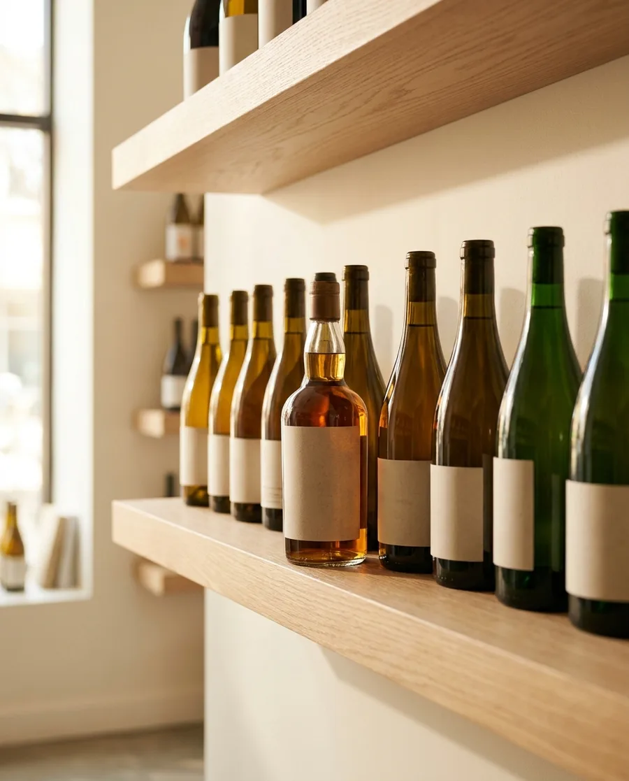 Wine and spirits arranged on a liquor store shelf